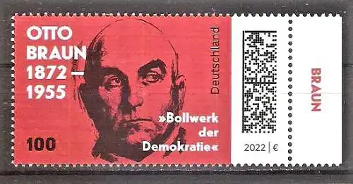 Briefmarke BRD Mi.Nr. 3660 ** Seitenrand rechts - 150. Geburtstag von Otto Braun 2022 / Deutscher Sozialdemokrat und Politiker