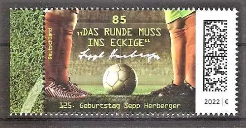 Briefmarke BRD Mi.Nr. 3675 ** Seitenrand links - 125. Geburtstag von Sepp Herberger 2022 / Deutscher Fußball-Nationaltrainer
