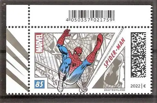 Briefmarke BRD Mi.Nr. 3697 ** Bogenecke oben links - Spider-Man 2022 / Spider-Man über den Straßen von New York City