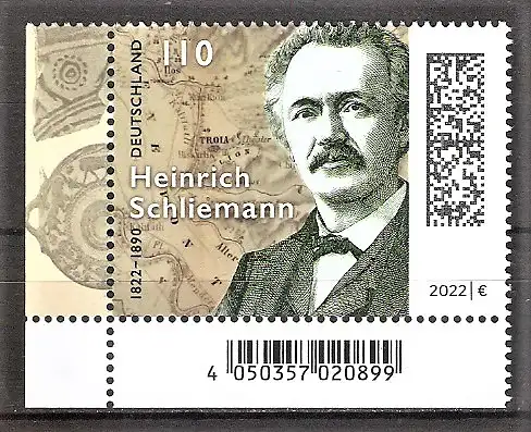 Briefmarke BRD Mi.Nr. 3659 ** Bogenecke unten links - 200. Geburtstag von Heinrich Schliemann 2022 / Archäologe