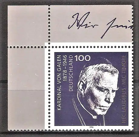 Briefmarke BRD Mi.Nr. 1848 ** Bogenecke oben links - Kardinal Clemens August Graf von Galen 1996