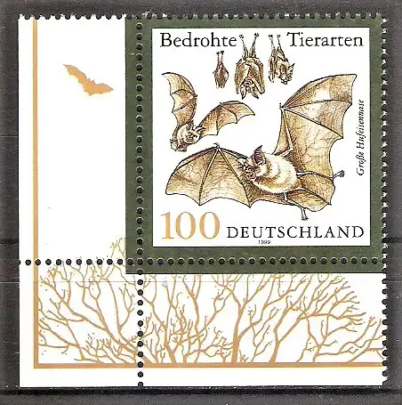 Briefmarke BRD Mi.Nr. 2086 ** Bogenecke unten links - Bedrohte Tierarten 1999 / Fledermaus - Große Hufeisennase