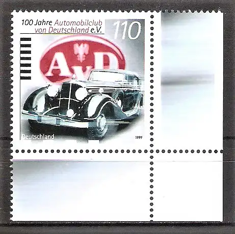 Briefmarke BRD Mi.Nr. 2043 ** Bogenecke unten rechts - 100 Jahre Automobilclub von Deutschland (AvD) 1999
