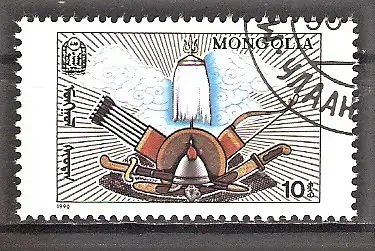 Briefmarke Mongolei Mi.Nr. 2150 o Geheime Geschichte der Mongolen 1990 / Kriegsbewaffnung & Weißes Feldzeichen