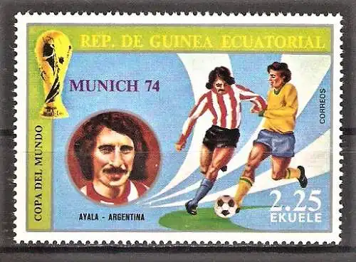 Briefmarke Äquatorial-Guinea Mi.Nr. 374 ** Fussball-Weltmeisterschaft Deutschland 1974 / Fußballspieler Rubén Ayala (Argentinien)