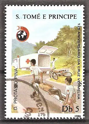 Briefmarke Sao Tome & Principe Mi.Nr. 1073 o 125 Jahre Internationales Rotes Kreuz 1988 / Unfallverletzter und Helfer