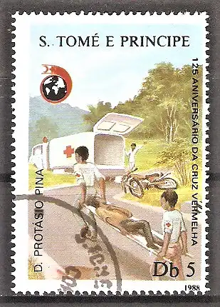 Briefmarke São Tomé und Príncipe Mi.Nr. 1073 o 125 Jahre Internationales Rotes Kreuz 1988 / Unfallverletzter und Helfer