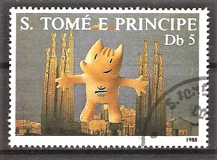 Briefmarke Sao Tome & Principe Mi.Nr. 1077 o Olympische Sommerspiele Seoul 1988 / Maskottchen Cobi