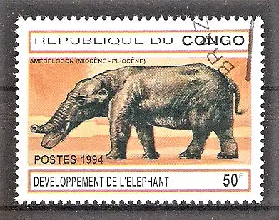 Briefmarke Kongo - Brazzaville Mi.Nr. 1414 o Entwicklungsgeschichte des Elefanten 1994 / Amebelodon