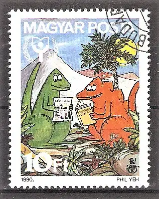 Briefmarke Ungarn Mi.Nr. 4116 A o Internationales Jahr der Alphabetisierung 1990 / Lesende prähistorische Tiere