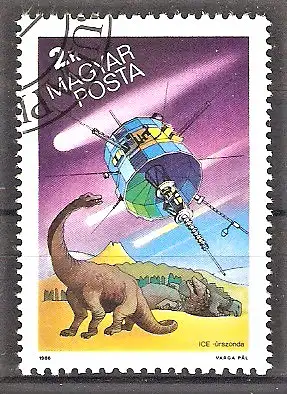 Briefmarke Ungarn Mi.Nr. 3805 A o Amerikanische Raumsonde ICE & Prähistorische Tiere