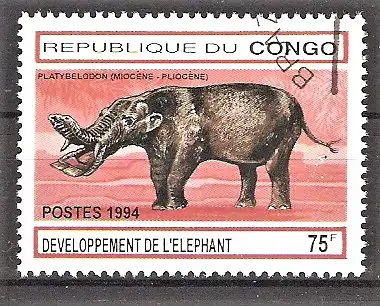 Briefmarke Kongo - Brazzaville Mi.Nr. 1415 o Entwicklungsgeschichte des Elefanten 1994 / Platybelodon