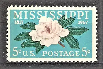 Briefmarke USA Mi.Nr. 938 ** 150 Jahre Staat Mississippi 1967 / Magnolie (Magnolia abovata) - Staatsblume von Mississippi