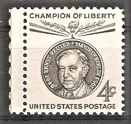 Briefmarke USA Mi.Nr. 762 ** Seitenrand links - 70. Geburtstag von Ernst Reuter 1959 / Bürgermeister von Berlin
