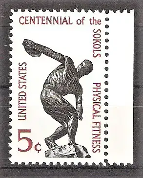 Briefmarke USA Mi.Nr. 877 ** Seitenrand rechts - 100 Jahre Sokol Sportvereinigung 1965 / Diskuswerfer - Diskobol, Statue von Myron