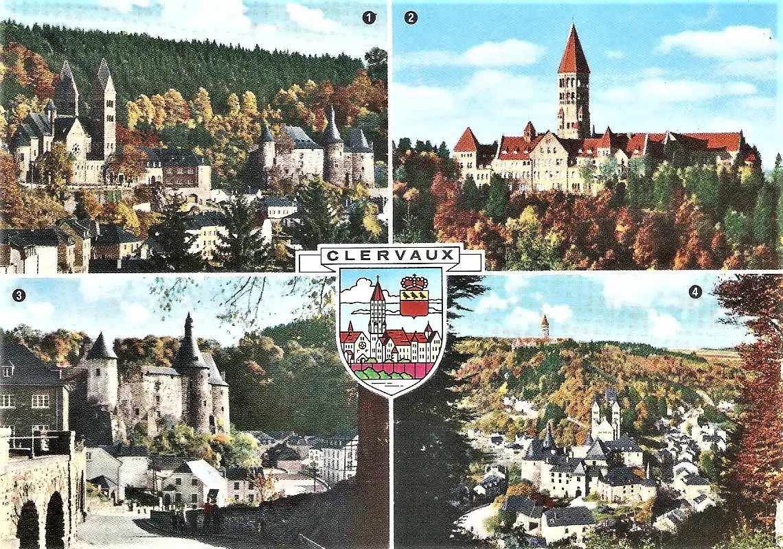 Ansichtskarte Luxemburg - Clervaux / Eglise, Abbaye St. Maurice et St. Maur, Chateau, Panorama (1678)