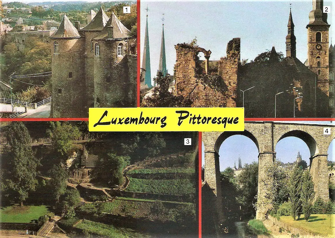 Ansichtskarte Luxemburg - Les Trois Tours, La Dent Creuse, Chapelle St. Quirin, Viaduc de Clausen et l'Alzette pittoresque (2023)