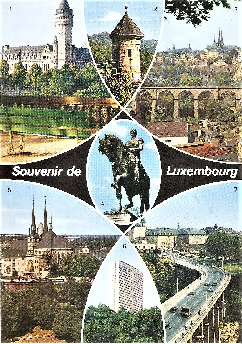 Ansichtskarte Luxemburg - Caisse d´Epargne, Tourelle espagnole, Panorama, Monument équestre de Guillaume II., Cathédrale, Centre Européen, Viaduc (2014)