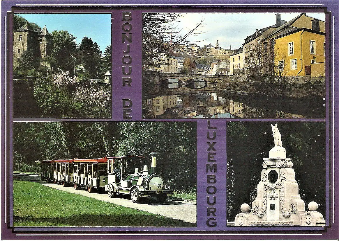 Ansichtskarte Luxemburg - Les Trois Tours, L'Alzette pittoresque au Grund, Petruss Express, Monument Michel Rodange (1989)