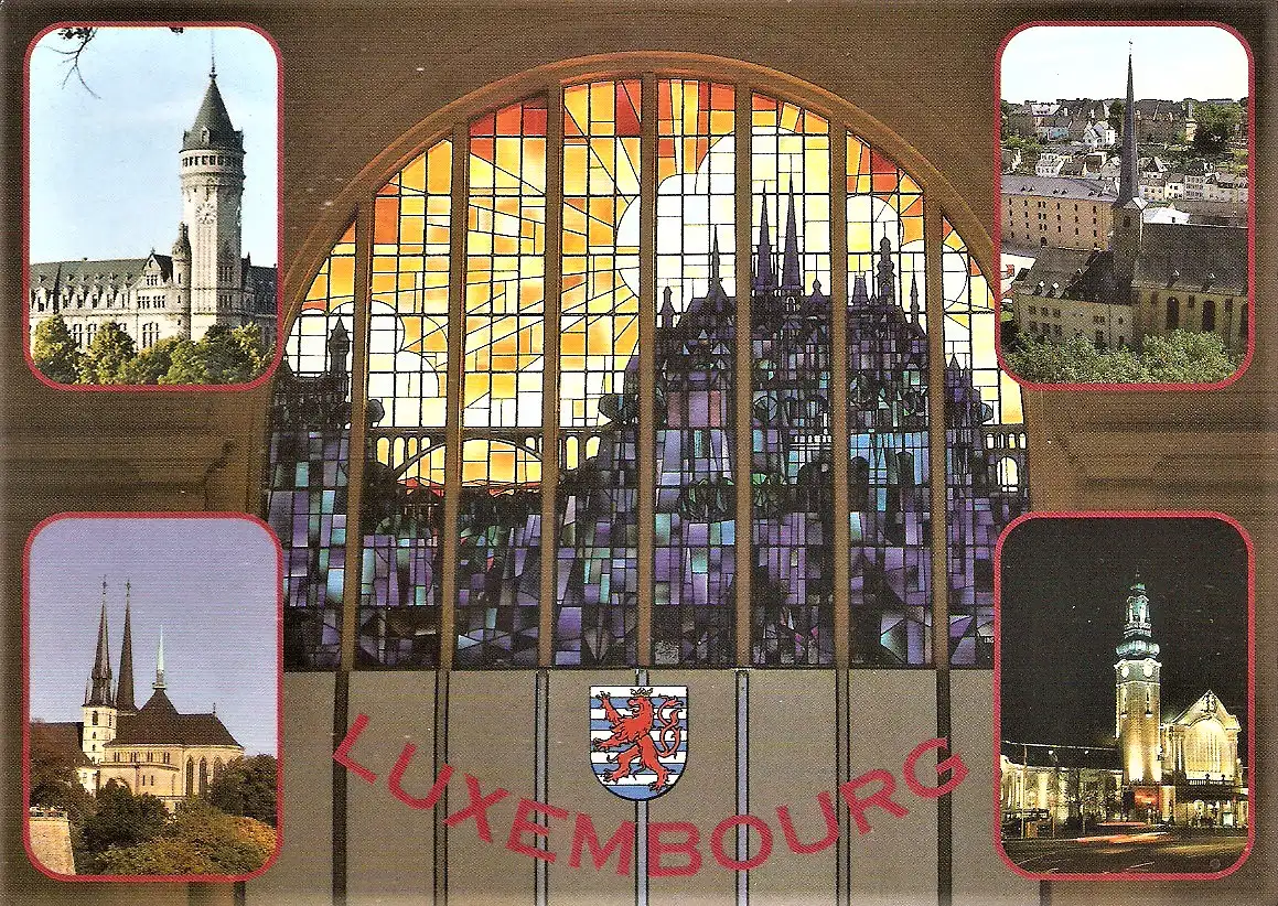 Ansichtskarte Luxemburg - Caisse d'Epargne, Vitraux Gare Centrale, Vallée du Grund, Cathédrale, Gare Centrale (1988)