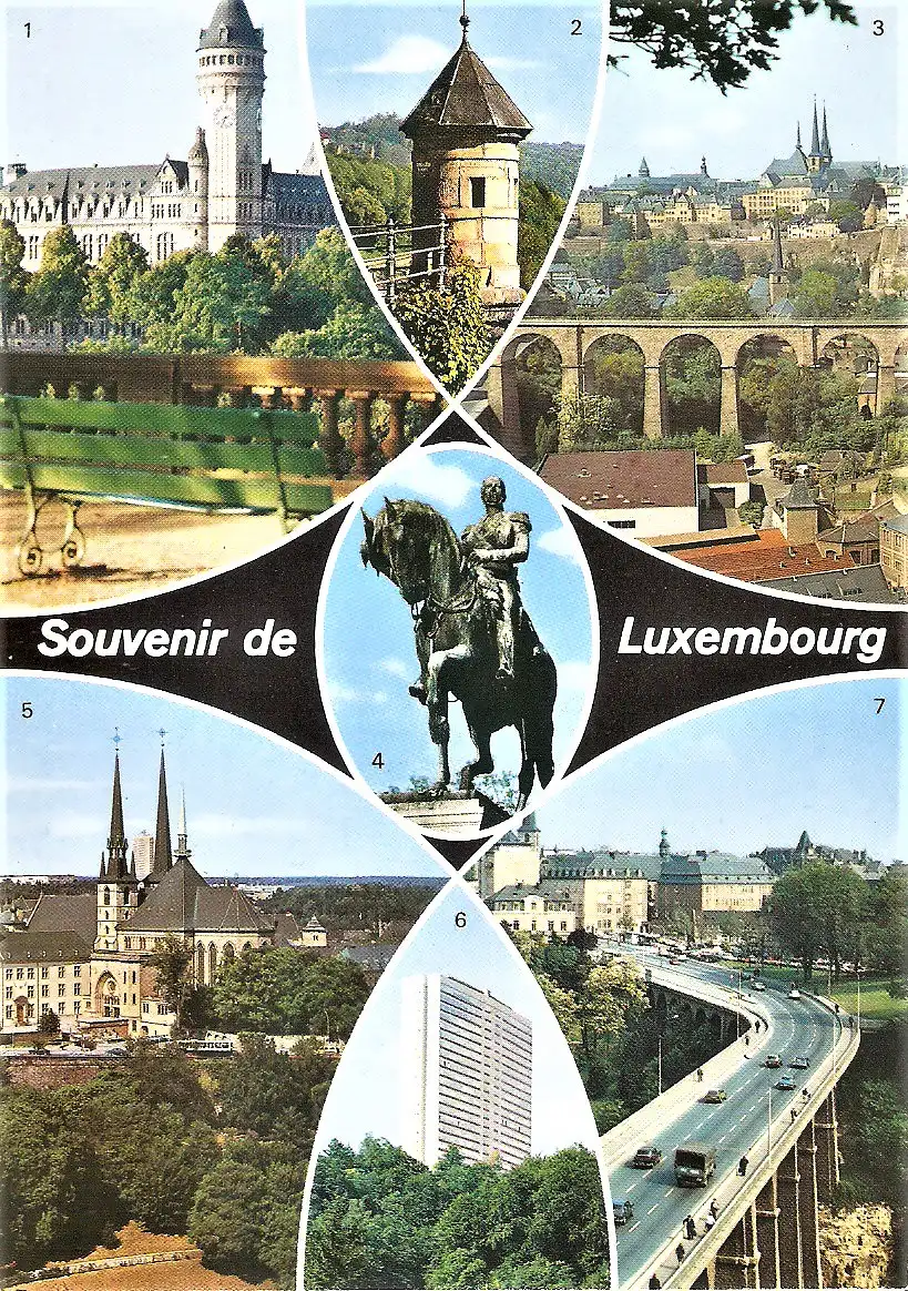 Ansichtskarte Luxemburg - Caisse d´Epargne, Tourelle espagnole, Panorama, Monument équestre de Guillaume II., Cathédrale, Centre Européen, Viaduc (1987)