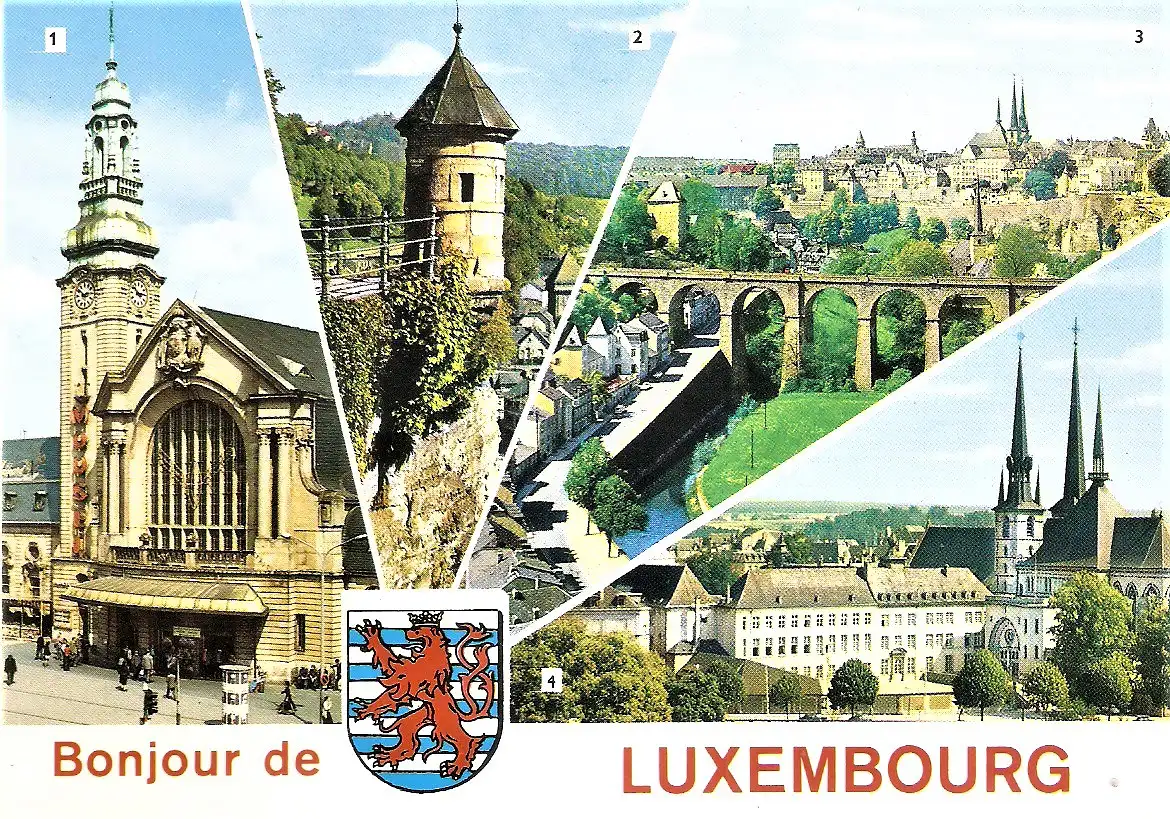Ansichtskarte Luxemburg - Gare centrale, Tourelle espagnole, Vue générale, Cathédrale (2001)