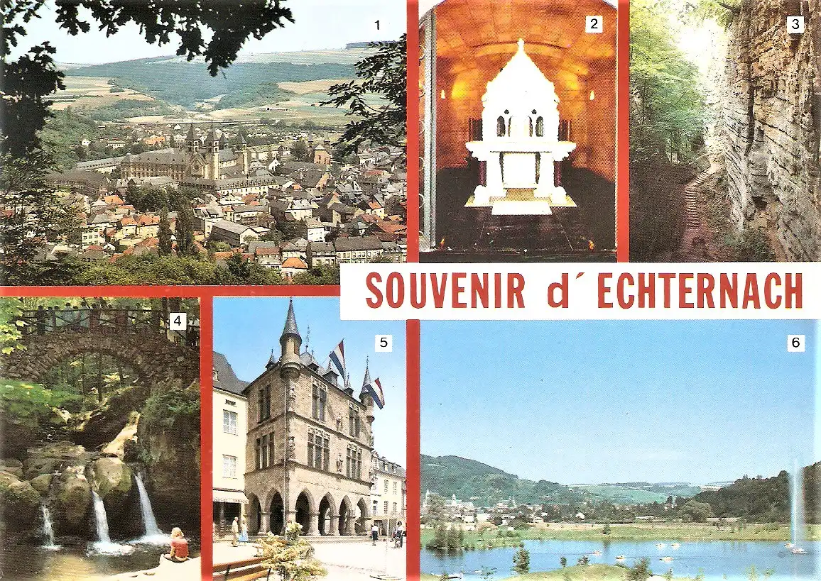 Ansichtskarte Luxemburg - Echternach - Panorama, Sarcophage tombeau St. Willibrord, Gorge du loup, Schiessentümpel, Denzelt, Vue panoramique avec lac (1999)