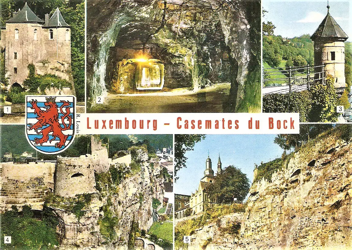 Ansichtskarte Luxemburg - Casemates du Bock (Kasematten der Stadt Luxemburg) - Les Trois Tours, Intérieur des Casemates du Bock, Tourelle espagnole, Fortifications du Château des Comtes et Ducs de Luxembourg, Rochers du Bock (1994)