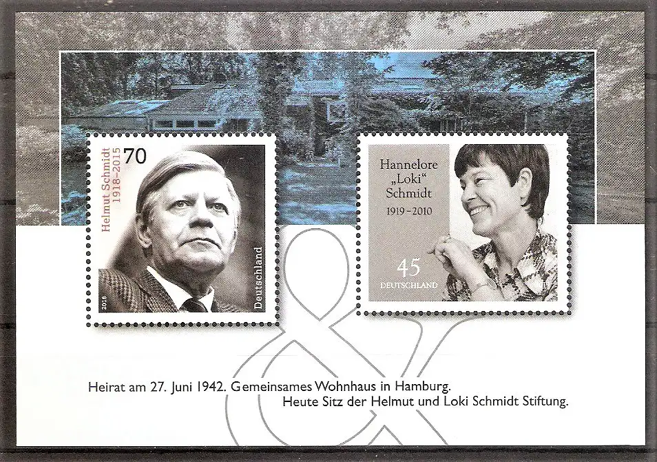 Briefmarke BRD BLOCK 83 ** (Mi.Nr. 3429 + 3448) 100. Geburtstag von Bundeskanzler Helmut Schmidt 2018