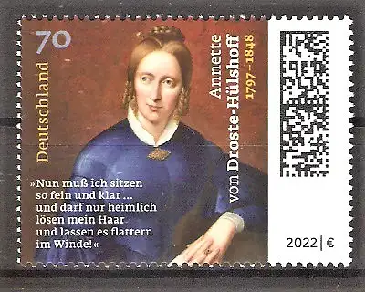 Briefmarke BRD Mi.Nr. 3658 ** 225. Geburtstag von Annette von Droste-Hülshoff 2022 / Deutsche Schriftstellerin und Komponistin