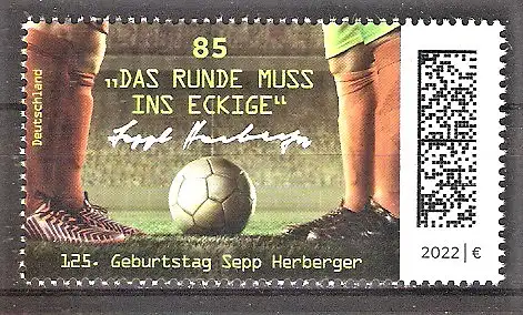 Briefmarke BRD Mi.Nr. 3675 ** 125. Geburtstag von Josef Herberger 2022 / Sepp Herberger - Deutscher Fussball-Nationaltrainer