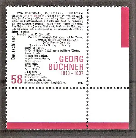 Briefmarke BRD Mi.Nr. 3031 ** BOGENECKE u.r. 200. Geburtstag von Georg Büchner 2013 / Schriftsteller, Naturwissenschaftler