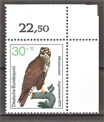 Briefmarke BRD Mi.Nr. 755 ** BOGENECKE o.r. Jugend 1973 / Greifvögel - Mäusebussard (Buteo buteo)
