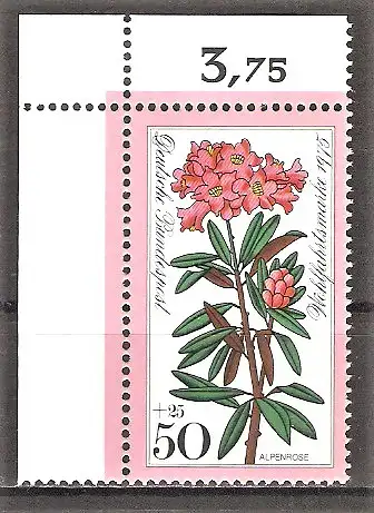 Briefmarke BRD Mi.Nr. 869 ** BOGENECKE o.l. Wohlfahrt 1975 / Alpenblumen - Rostblättrige Alpenrose (Rhododendron ferrugineum)