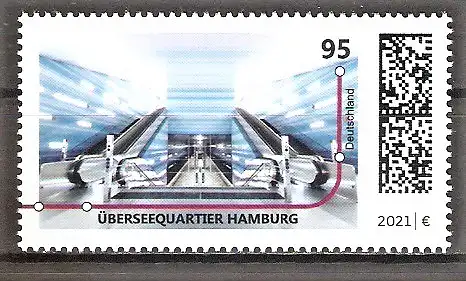 Briefmarke BRD Mi.Nr. 3593 ** U-Bahn-Stationen 2021 / U-Bahn-Haltestelle Überseequartier Hamburg