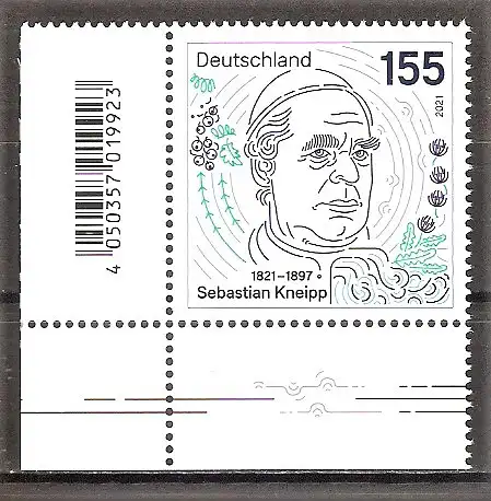 Briefmarke BRD Mi.Nr. 3598 ** BOGENECKE u.l. 200. Geburtstag von Sebastian Kneipp 2021 / Deutscher Priester und Naturheilkundler