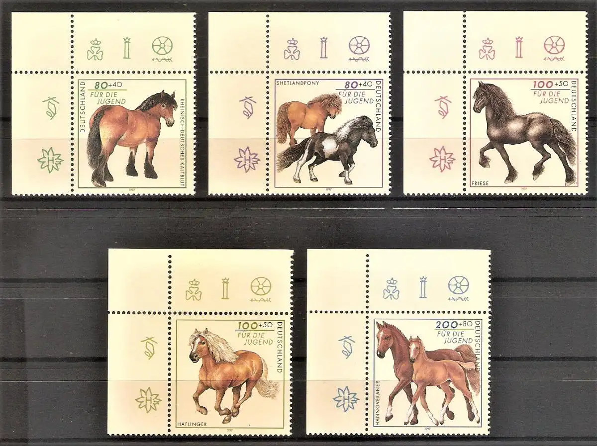 Briefmarke BRD Mi.Nr. 1920-1924 ** Bogenecken oben links - Pferderassen 1997 / Kompletter Satz !