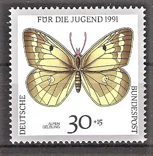 Briefmarke BRD Mi.Nr. 1512 ** Gefährdete Schmetterlinge 1991 / Alpen-Gelbling (Colias phicomone)