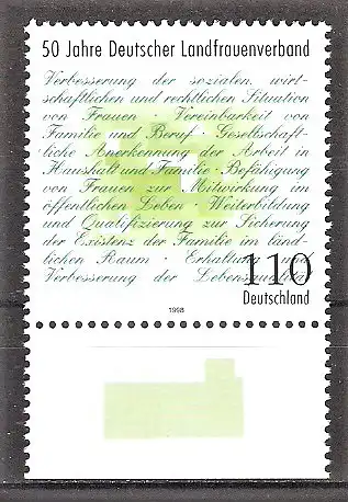 Briefmarke BRD Mi.Nr. 1988 ** Unterrand - 50 Jahre Deutscher Landfrauenverband 1998 / Auflistung der Ziele des Verbandes