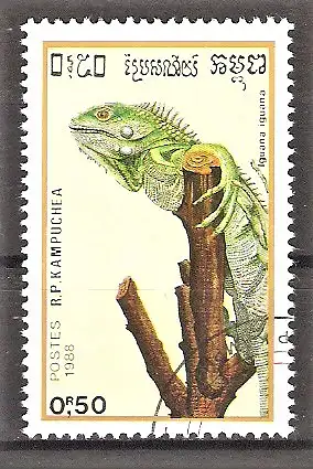 Briefmarke Kambodscha Mi.Nr. 984 o Reptilien 1988 / Grüner Leguan (Iguana iguana)