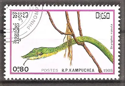 Briefmarke Kambodscha Mi.Nr. 985 o Reptilien 1988 / Grüner Baumschnüffler (auch: Nasenpeitschen-Natter) (Ahaetulla nasuta)