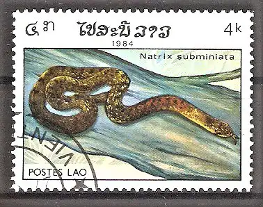 Briefmarke Laos Mi.Nr. 778 o Reptilien 1984 / Kielrückennatter (Natrix subminiata)