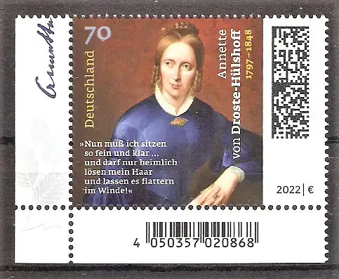 Briefmarke BRD Mi.Nr. 3658 ** BOGENECKE u.l. / 225. Geburtstag von Annette von Droste-Hülshoff 2022