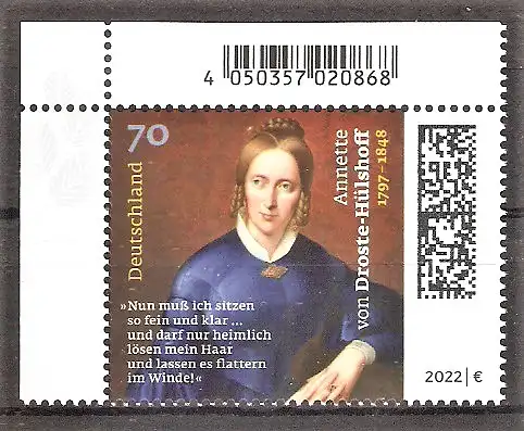 Briefmarke BRD Mi.Nr. 3658 ** BOGENECKE o.l. / 225. Geburtstag von Annette von Droste-Hülshoff 2022