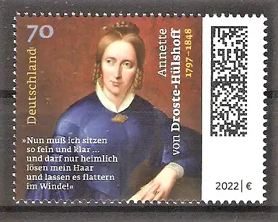 Briefmarke BRD Mi.Nr. 3658 ** 225. Geburtstag von Annette von Droste-Hülshoff 2022 / Deutsche Schriftstellerin und Komponistin