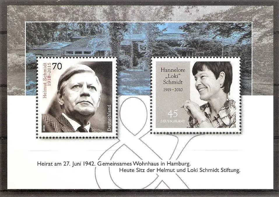 Briefmarke BRD BLOCK 83 ** (Mi.Nr. 3429 + 3448) 100. Geburtstag von Bundeskanzler Helmut Schmidt 2018