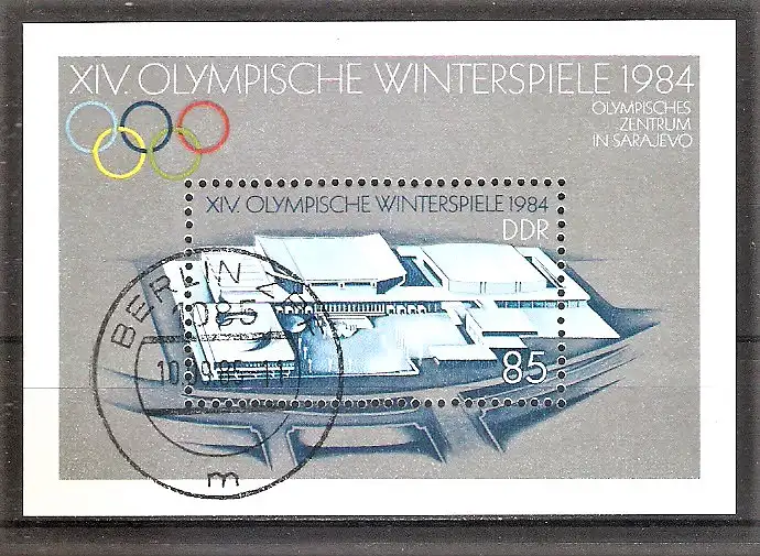 Briefmarke DDR BLOCK 74 o (Mi.Nr. 2843) Olympische Winterspiele Sarajevo 1984 / Olympisches Zentrum