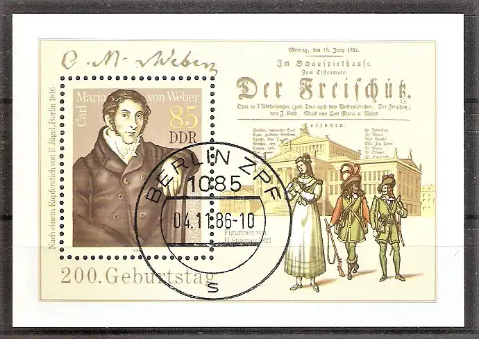 Briefmarke DDR BLOCK 86 o (Mi.Nr. 3055) 200. Geburtstag von Carl Maria von Weber 1986 / Komponist