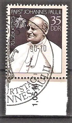 Briefmarke DDR Mi.Nr. 3337 o Unterrand mit Reihenwertzähler - 70. Geburtstag von Papst Johannes Paul II. 1990