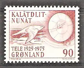 Briefmarke Grönland Mi.Nr. 94 ** 50 Jahre Telekommunikation in Grönland 1975 / Gerfalke (Falco rusticolus) & Parabolantenne 